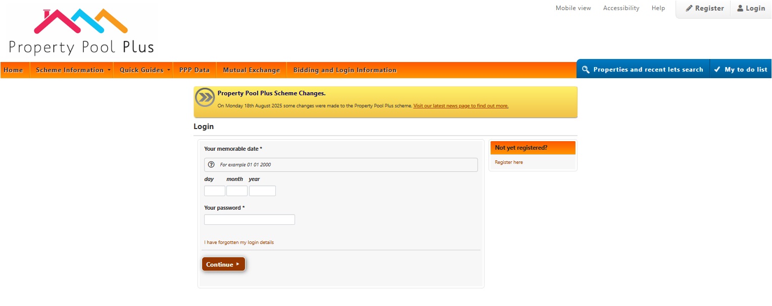 Screen shot of the PPP website showing the page where you enter your memorable date and password.