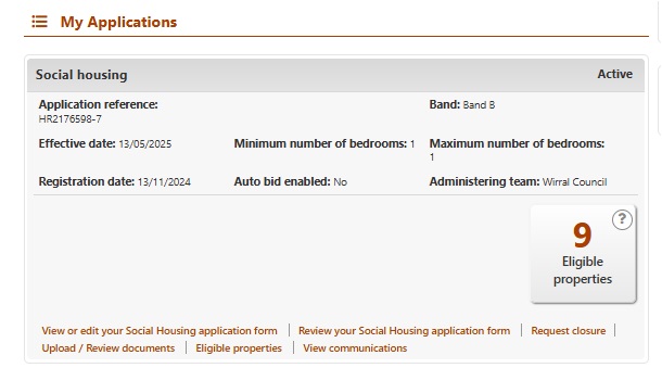 Screen shot of the PPP Website My account page showing eligible properties. 